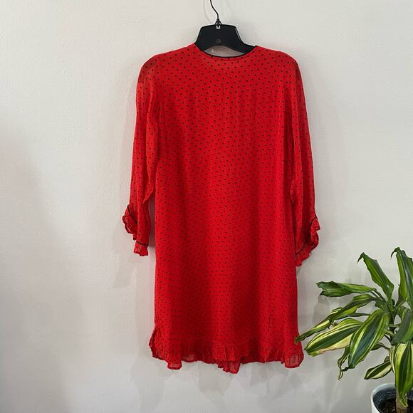 GANNI Mullin Georgette Red Polka Dot Long Sleeve Ruffle Hem Mini Dress Sz 2 - Picture 6 of 16